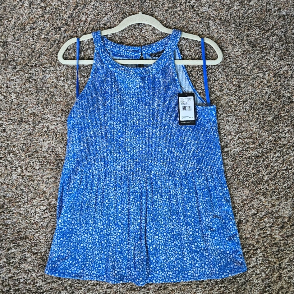Adrianna Papell Sleeveless Keyhole Halter Pleated Top Blue Floral